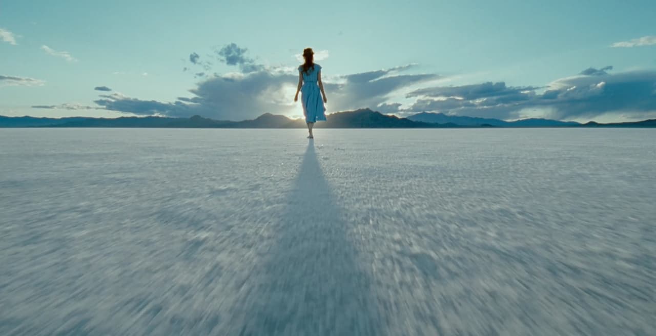 A woman with her back turned to the camera stands in a desert landscape